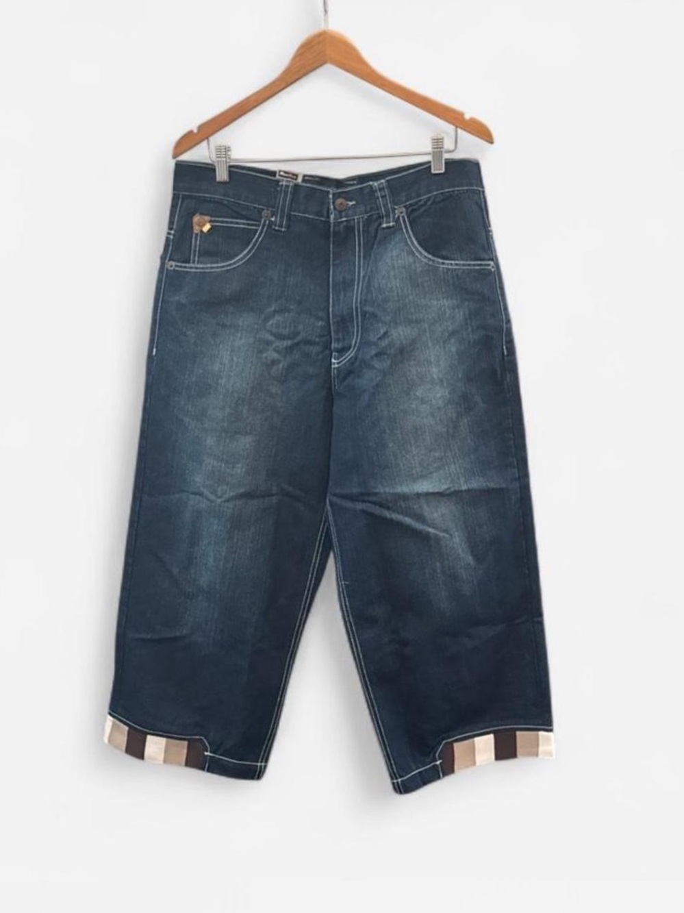 Y2K Raw Blue Men’s Denim Jorts Cuff Detail skater baggie street wear size 34